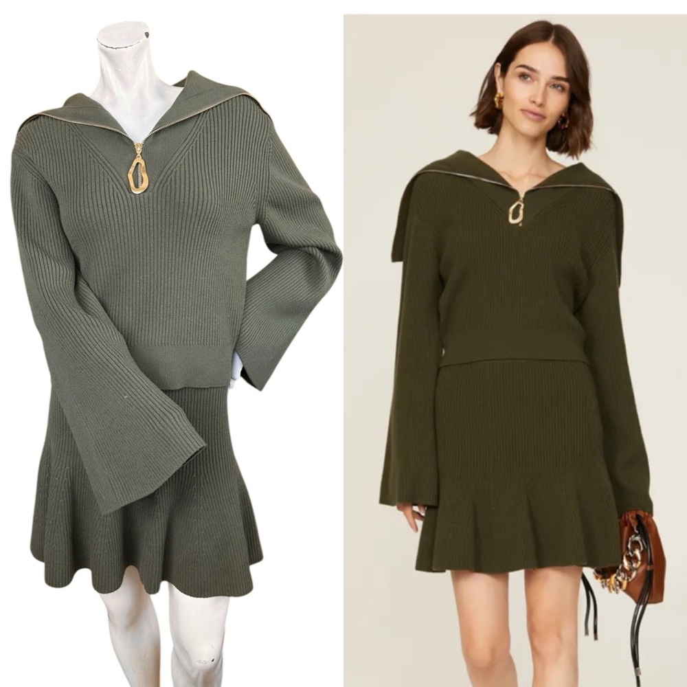 Tanya Taylor Olive Green Merino Wool Blend Bell Sleeve Sweater & Skirt Set Small